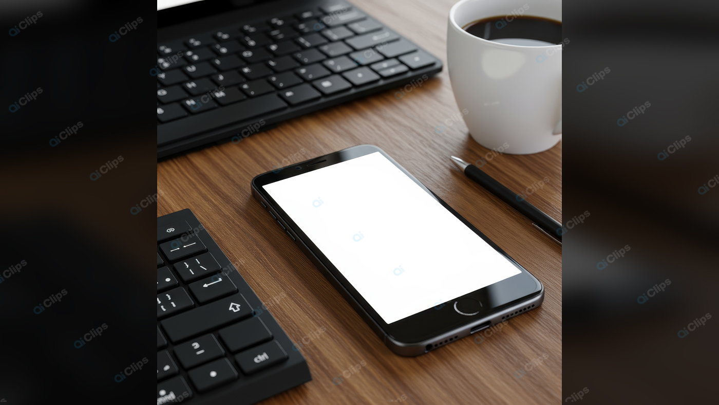 Workspace with Smartphone, Keyboard, and Coffee Cup
