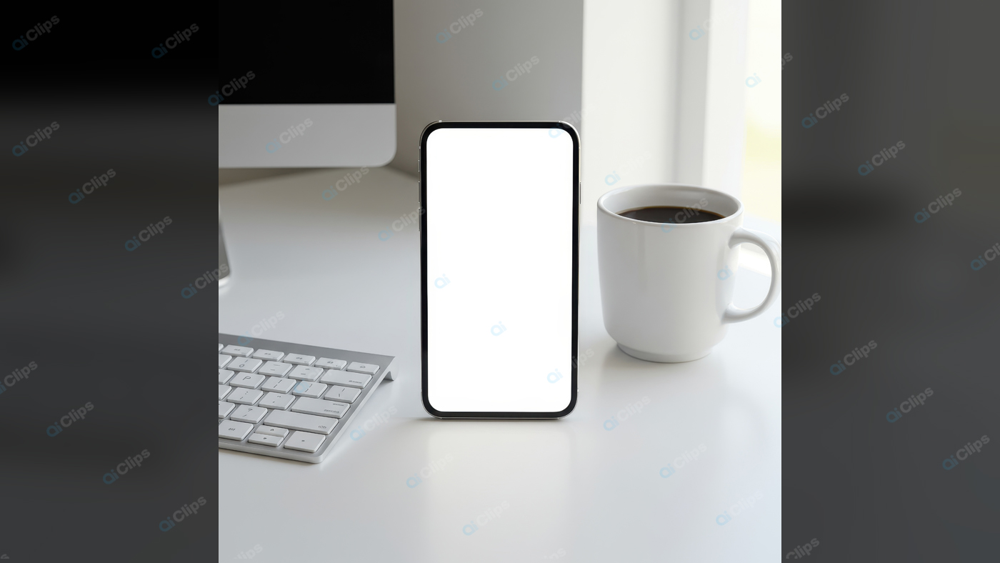Smartphone with Blank Screen on Desk with Coffee Mug
