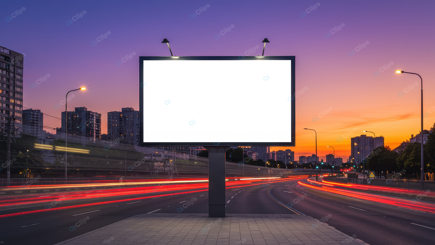 Empty Urban Billboard at Sunset with City Lights