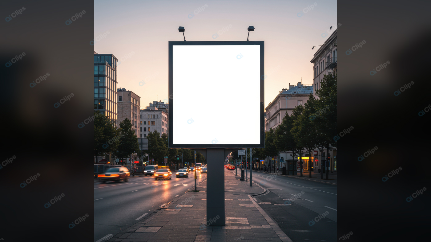 City Street with Blank Advertising Billboard at Dusk