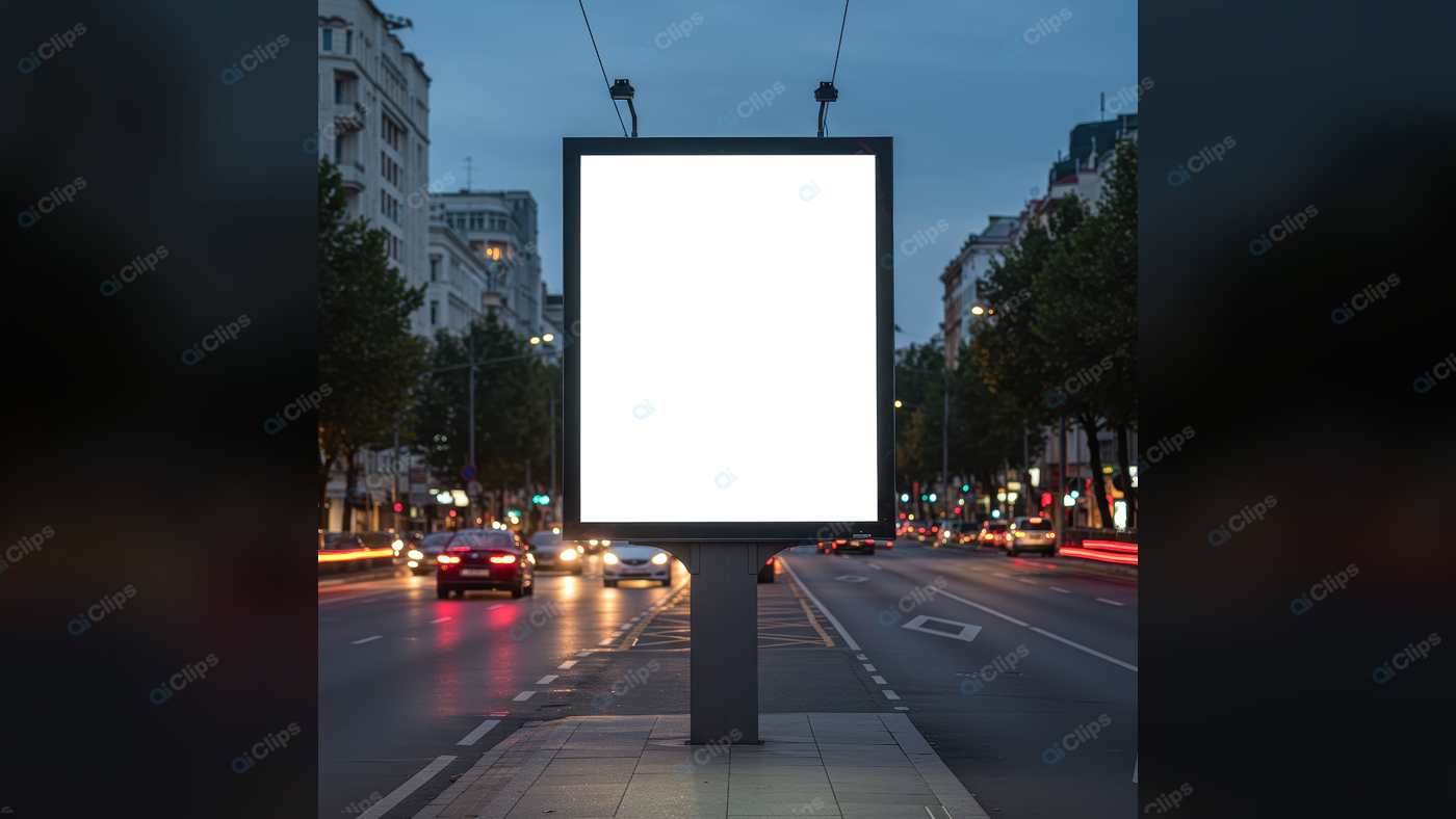 City Street with Illuminated Blank Billboard at Dusk