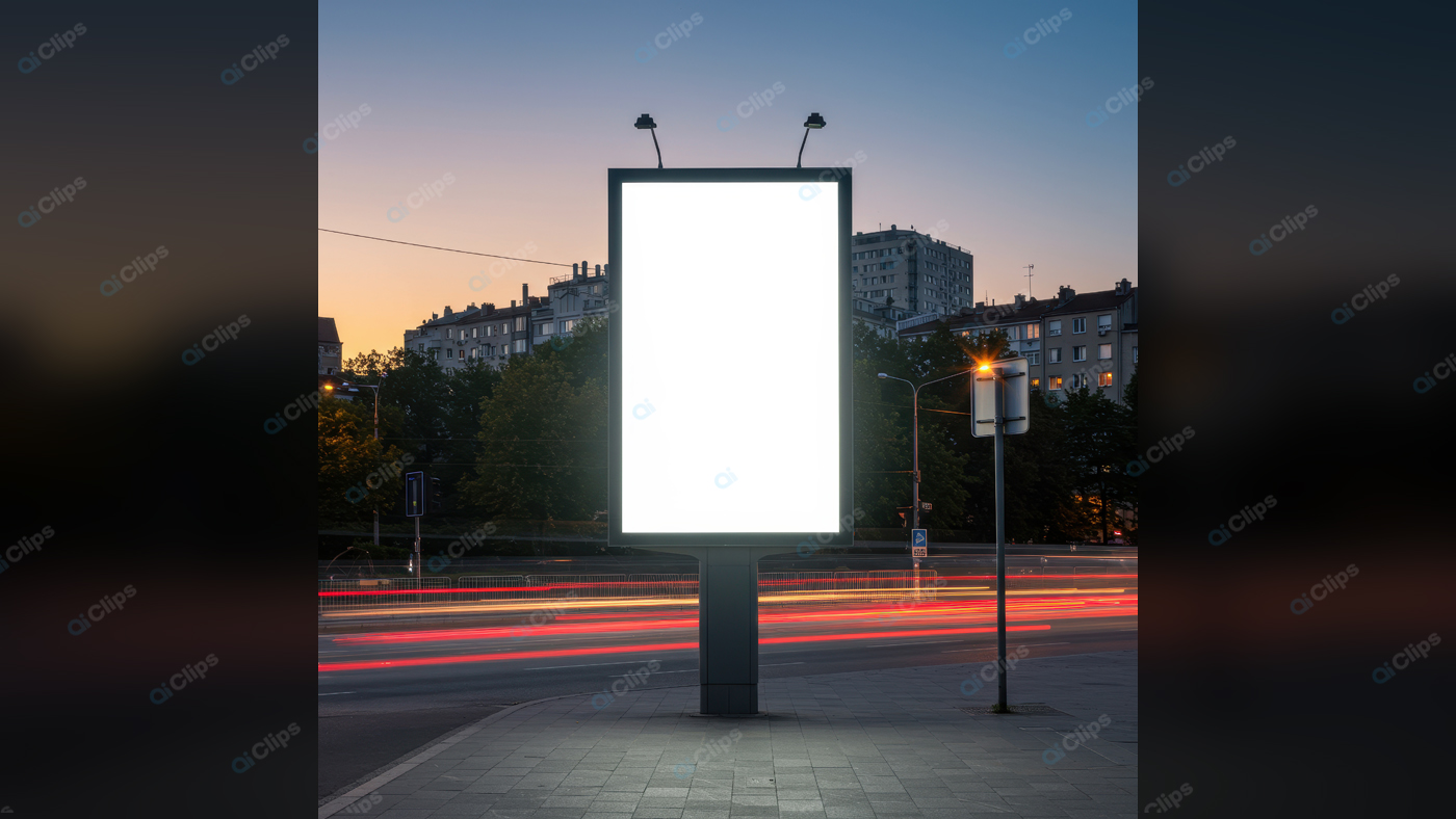 City Street at Night with Illuminated Blank Billboard