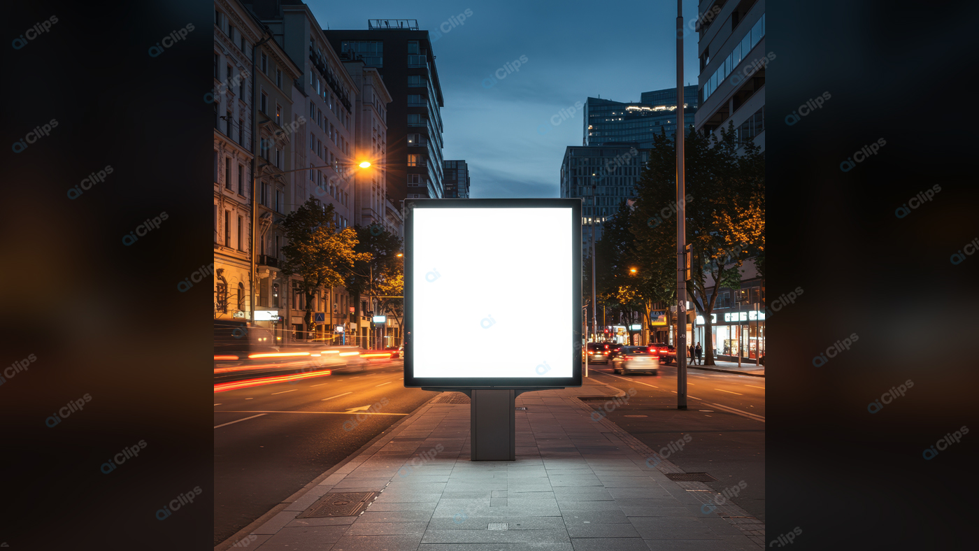 City Street at Dusk with Blank Billboard Display