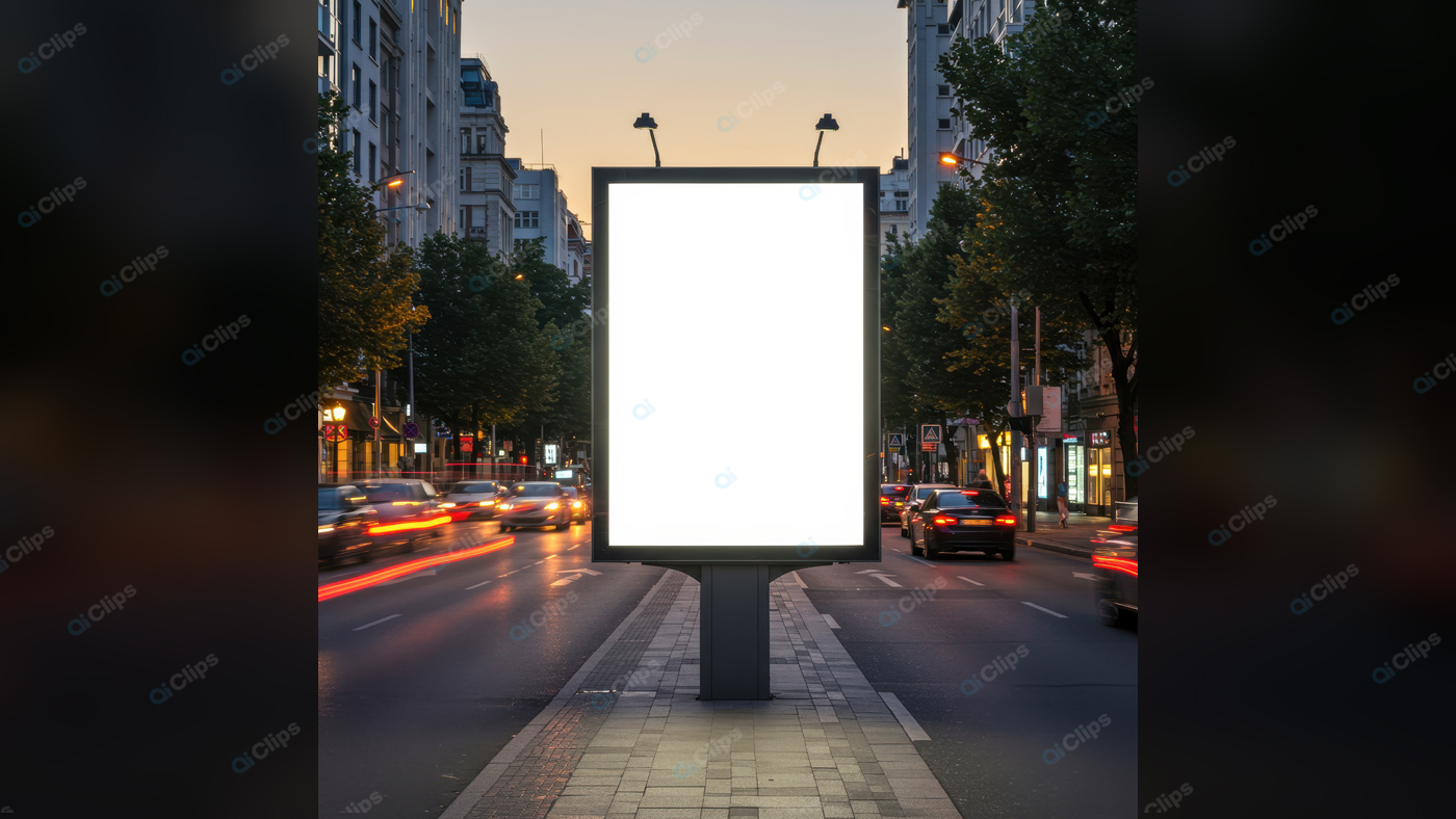 Blank Urban Billboard on Busy City Street at Dusk