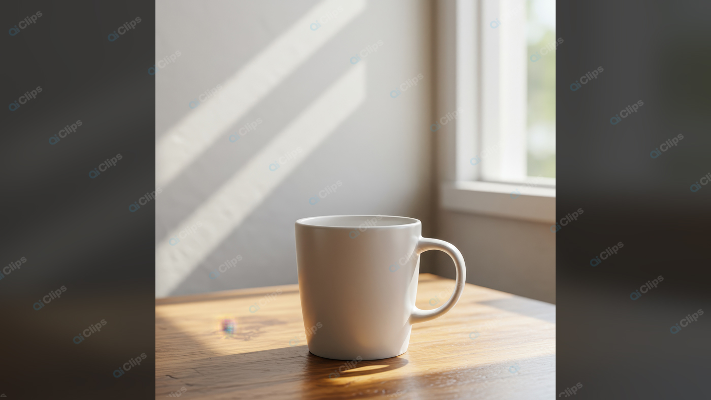White Ceramic Mug on Sunlit Wooden Table