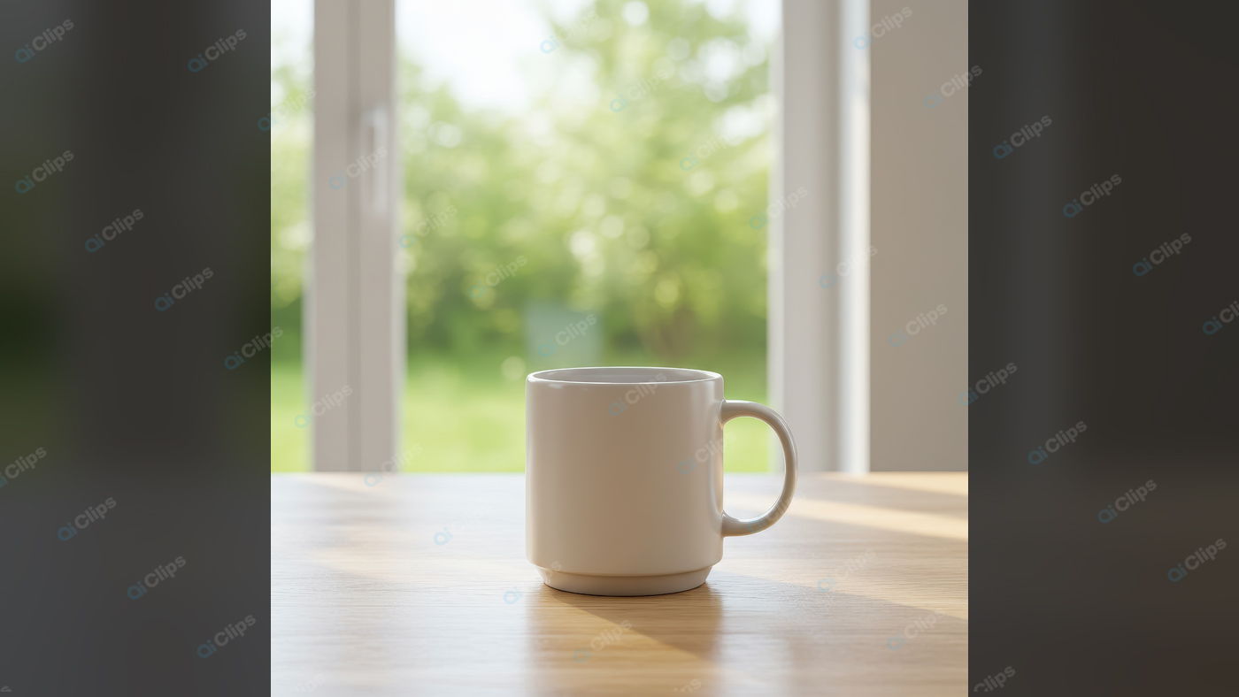 White Coffee Mug on Wooden Table by a Sunny Window