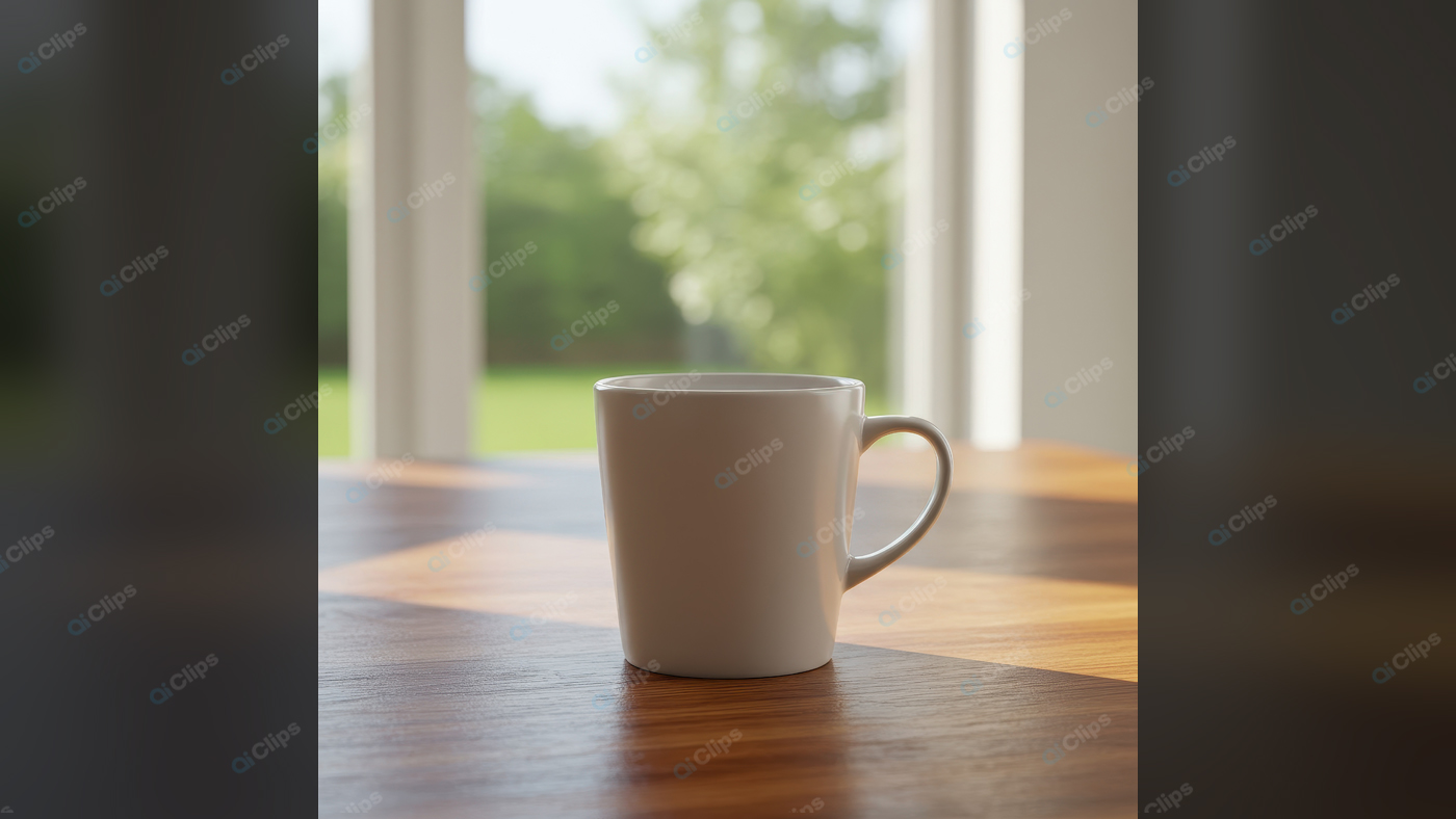 White Coffee Mug on Sunlit Wooden Table