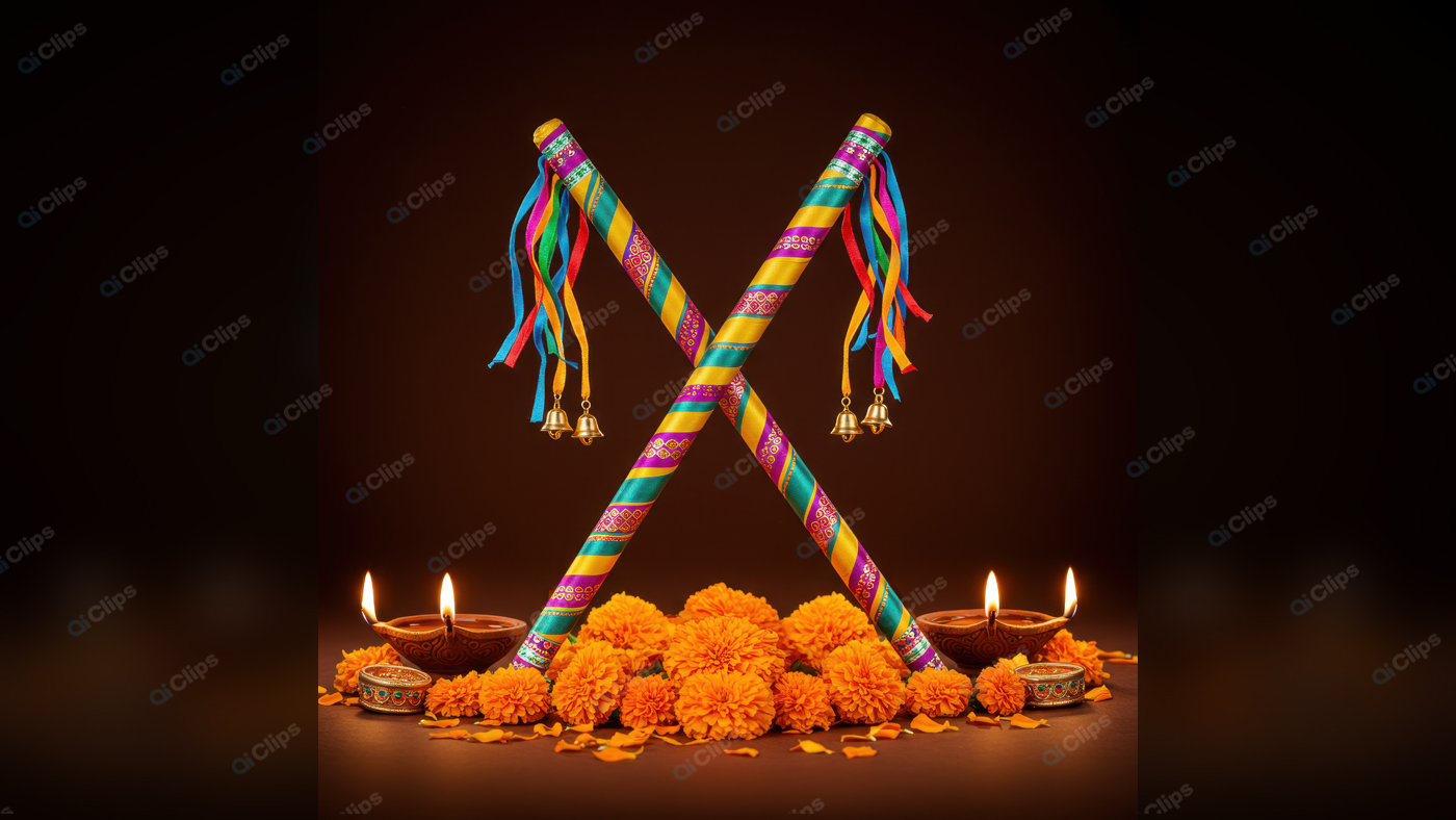 Dandiya Sticks and Marigold with Diwali Diyas