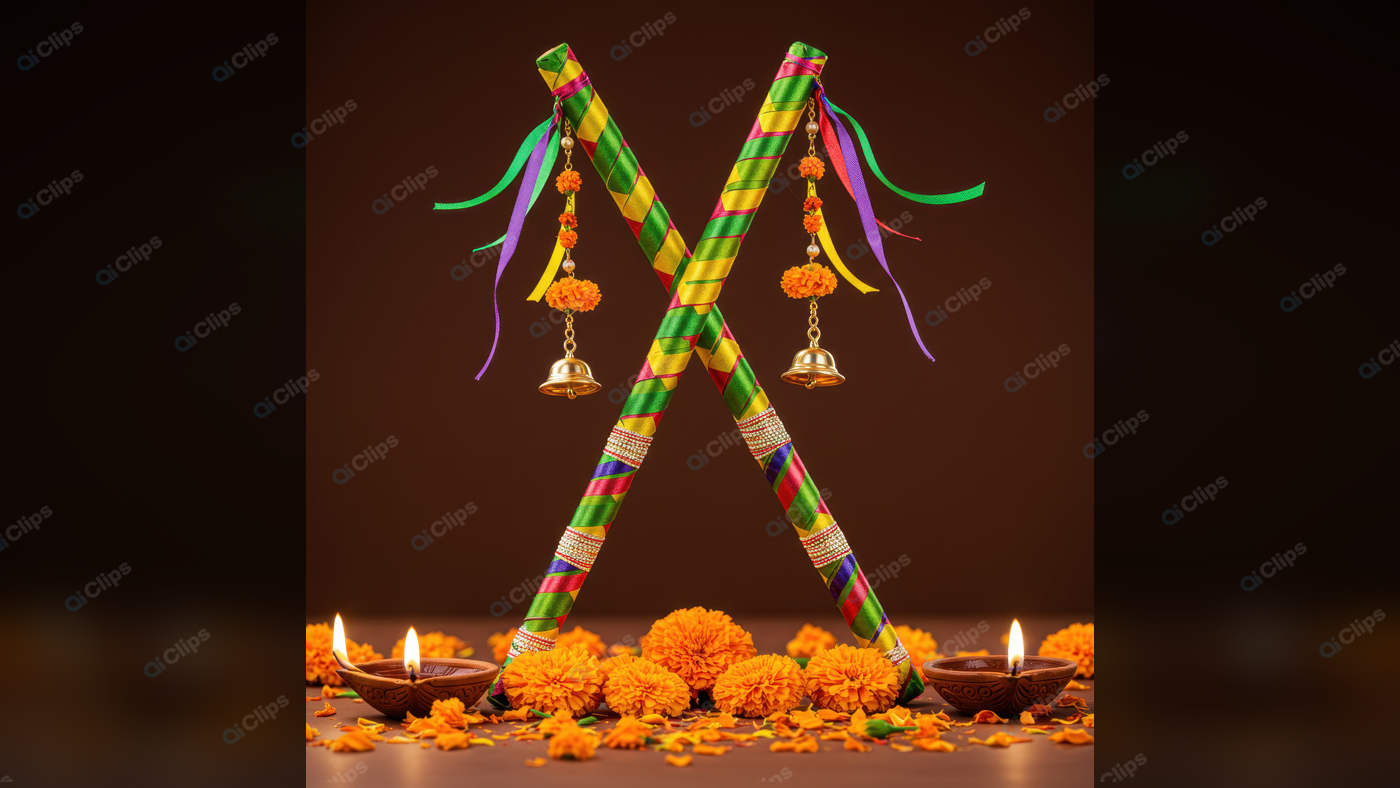 Colorful Dandiya Sticks with Marigold Flowers and Diyas
