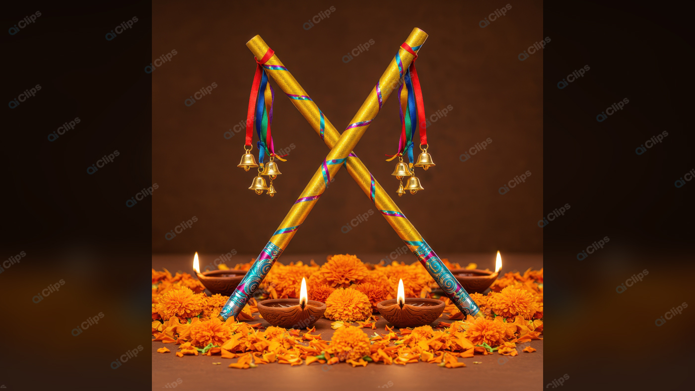 Dandiya Sticks with Diwali Diyas and Marigold Flowers