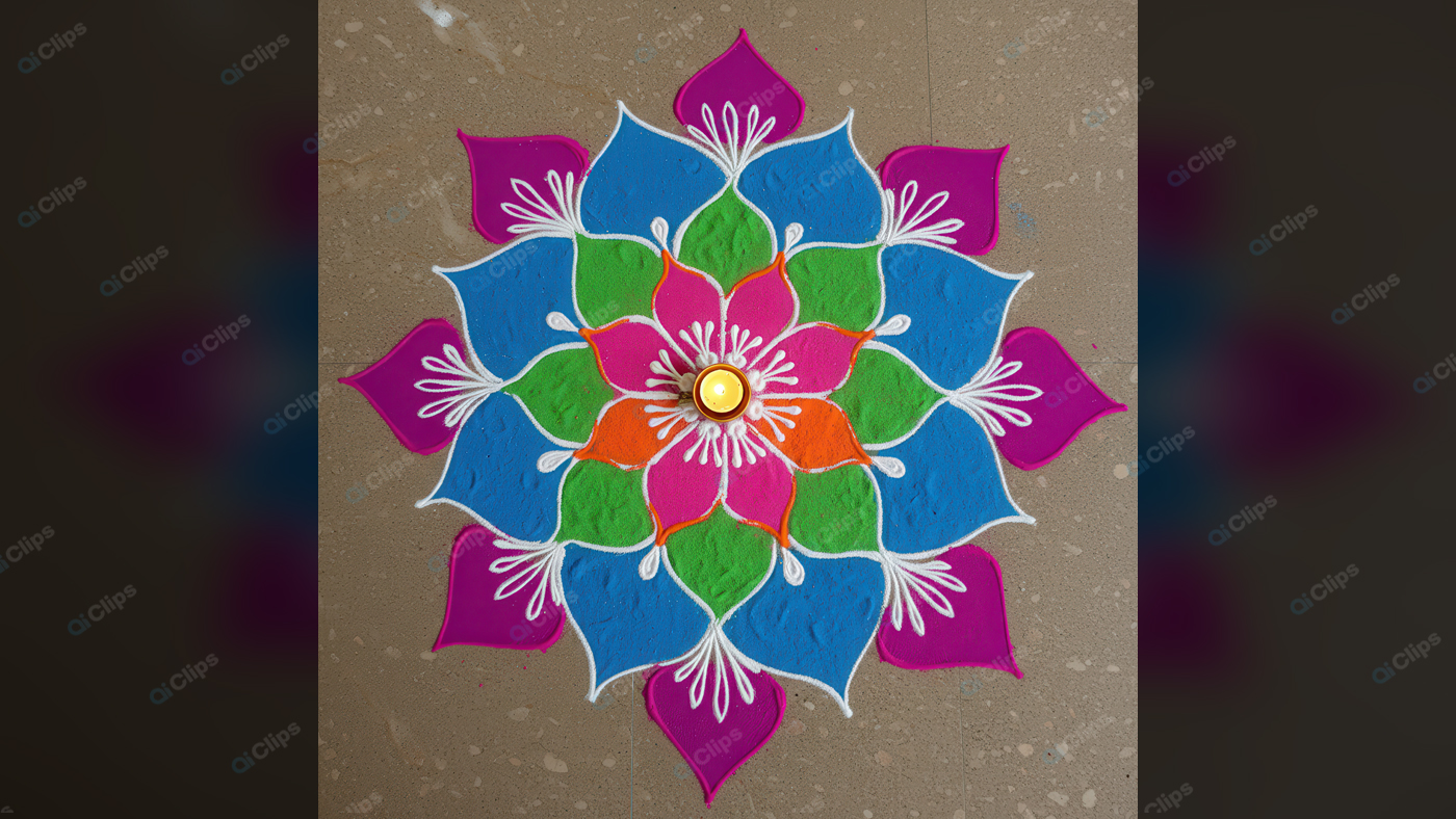 Colorful Rangoli Pattern with Diya Centerpiece