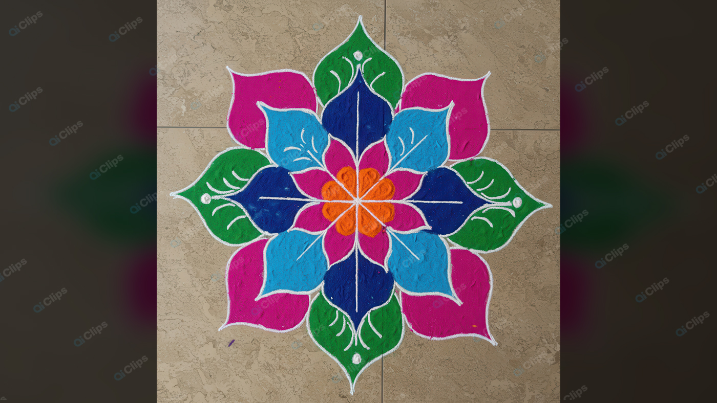 Colorful Rangoli Flower Design on Stone Floor