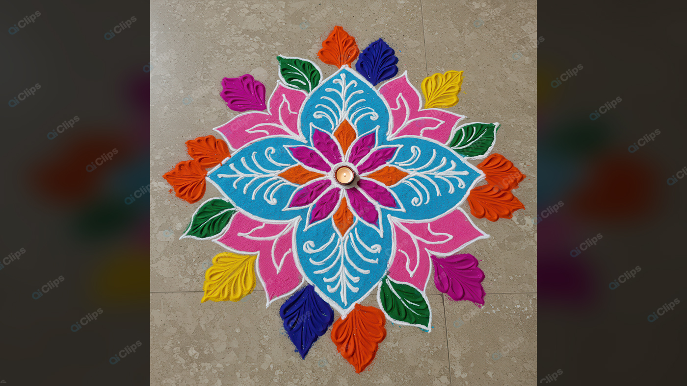 Colorful Rangoli Design with Central Diya Candle