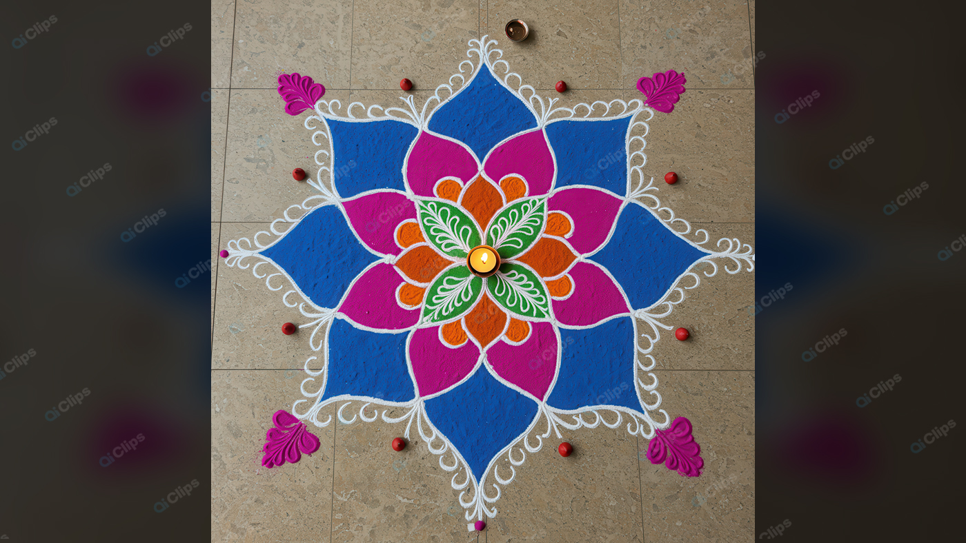 Colorful Rangoli with Diya Candle on Floor