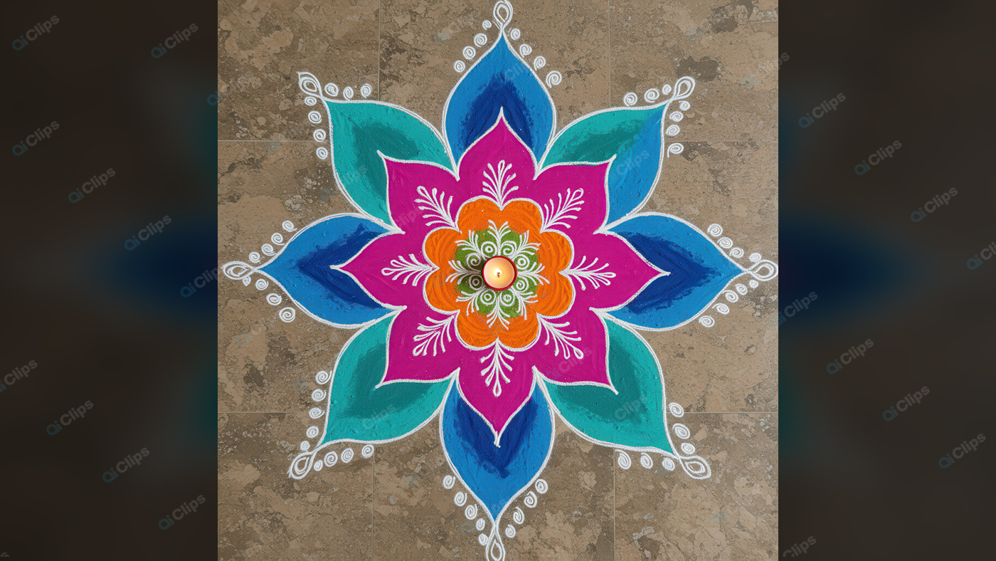 Colorful Rangoli Design with Diya on Stone Floor