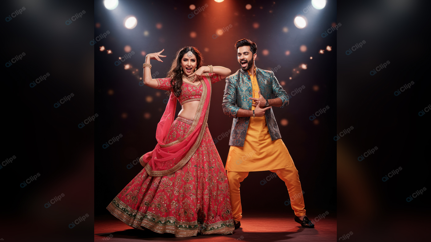 Couple Celebrating in Traditional Indian Attire on Dance Floor