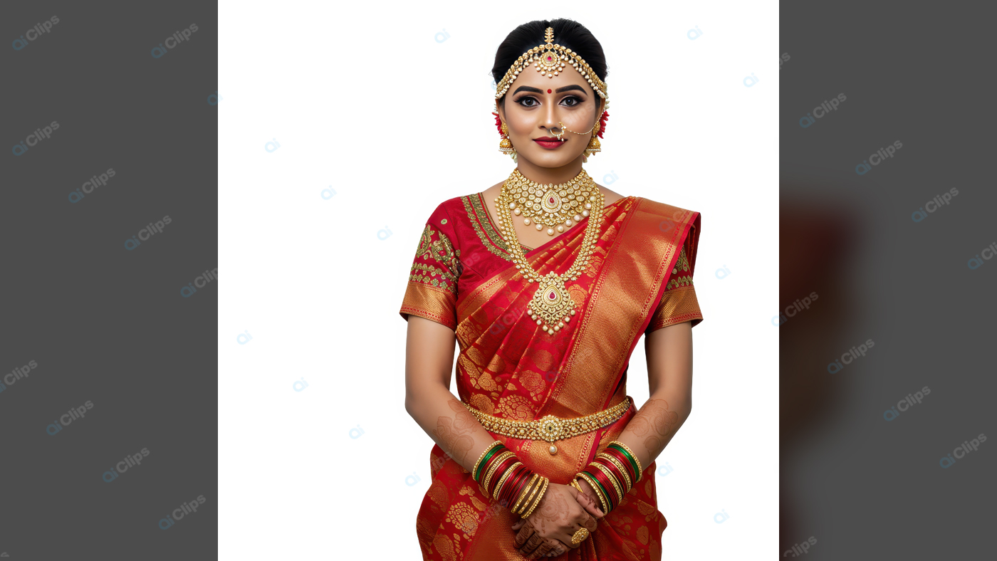 Traditional Indian Bride in Red Saree and Gold Jewelry