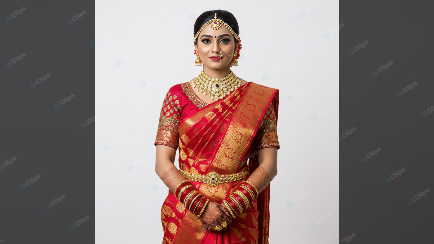 Indian Bride in Traditional Red Sari and Gold Jewelry