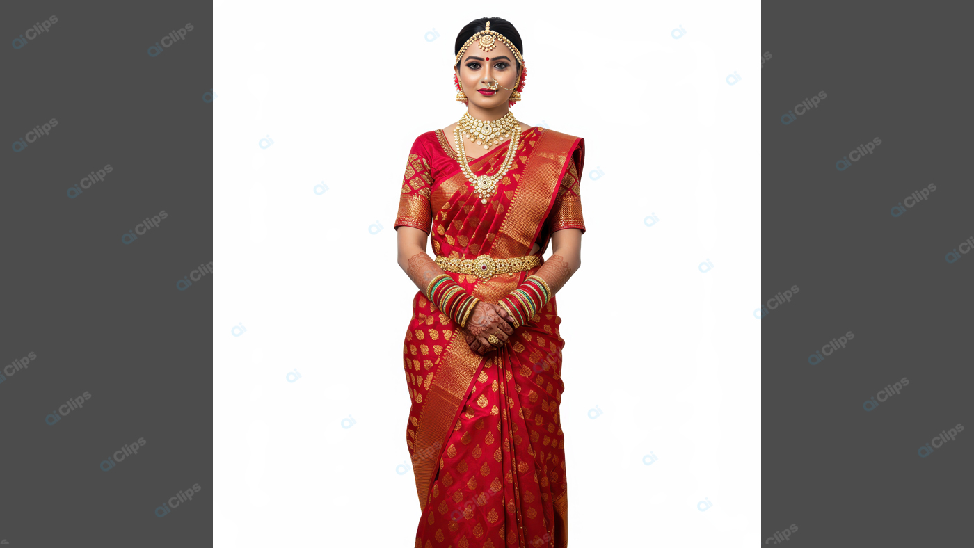 Traditional Indian Bride in Red Silk Saree and Gold Jewelry