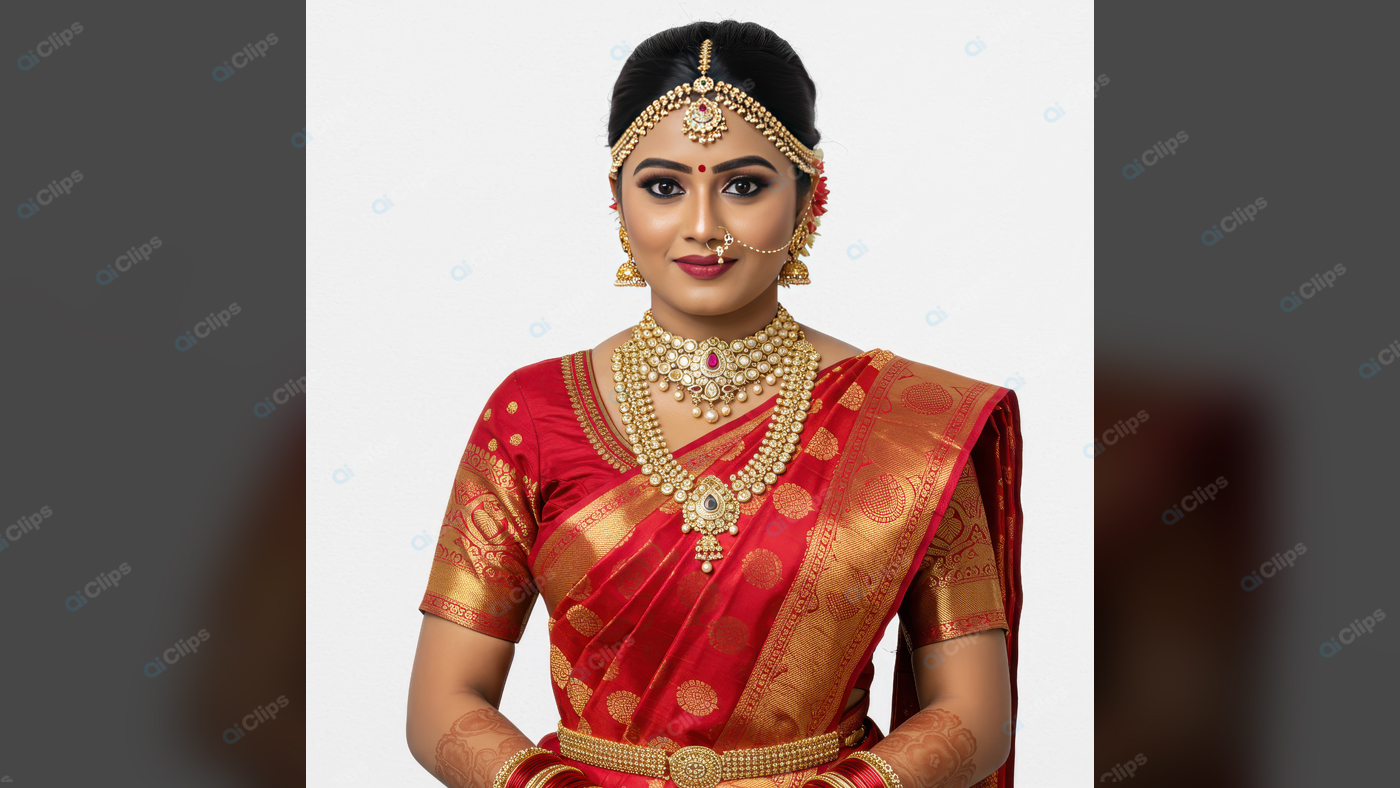 Traditional Bridal Attire with Gold Jewelry Set in Red Saree