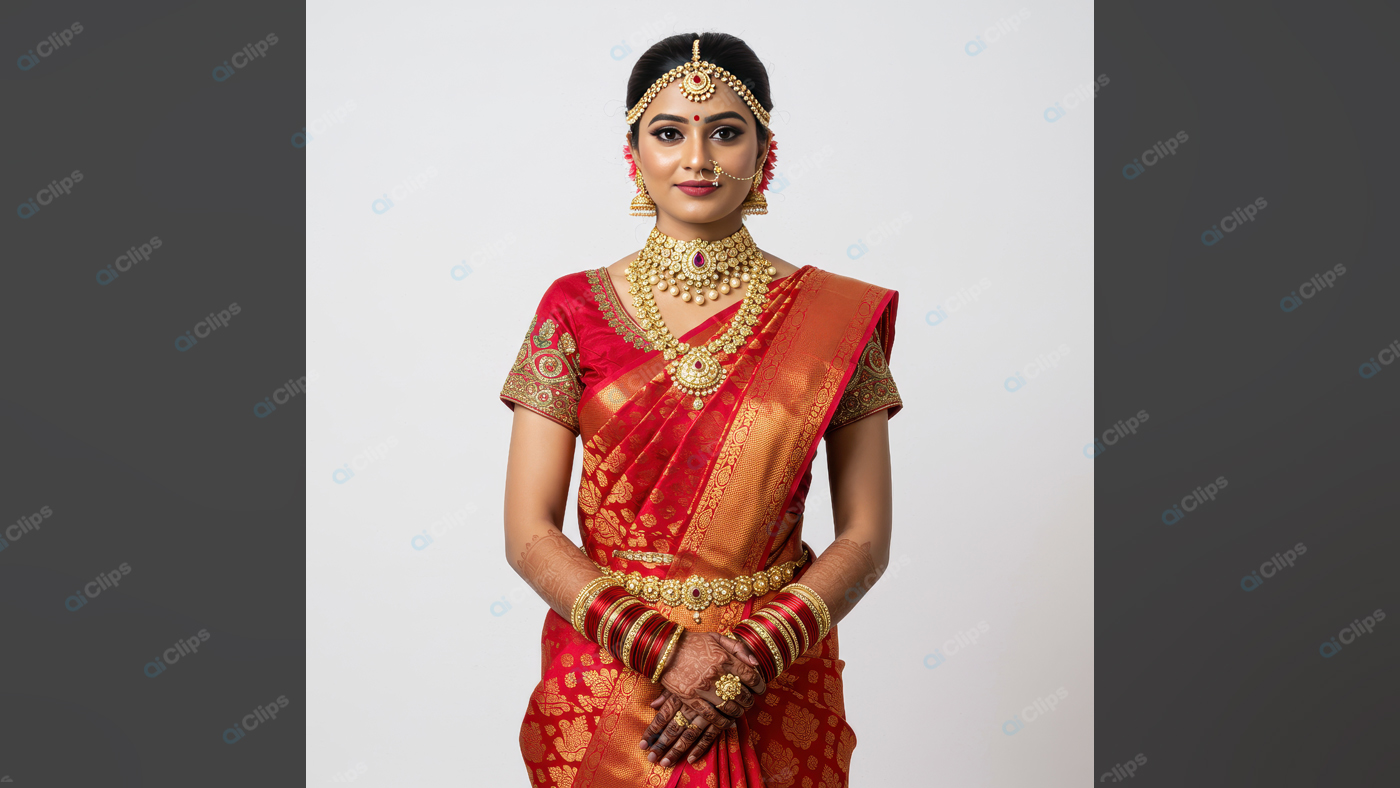 Traditional Bridal Portrait in Red and Gold Sari