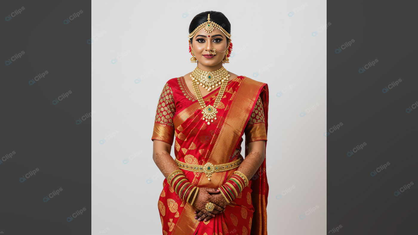 Traditional Indian Bride in Red Saree with Gold Jewelry