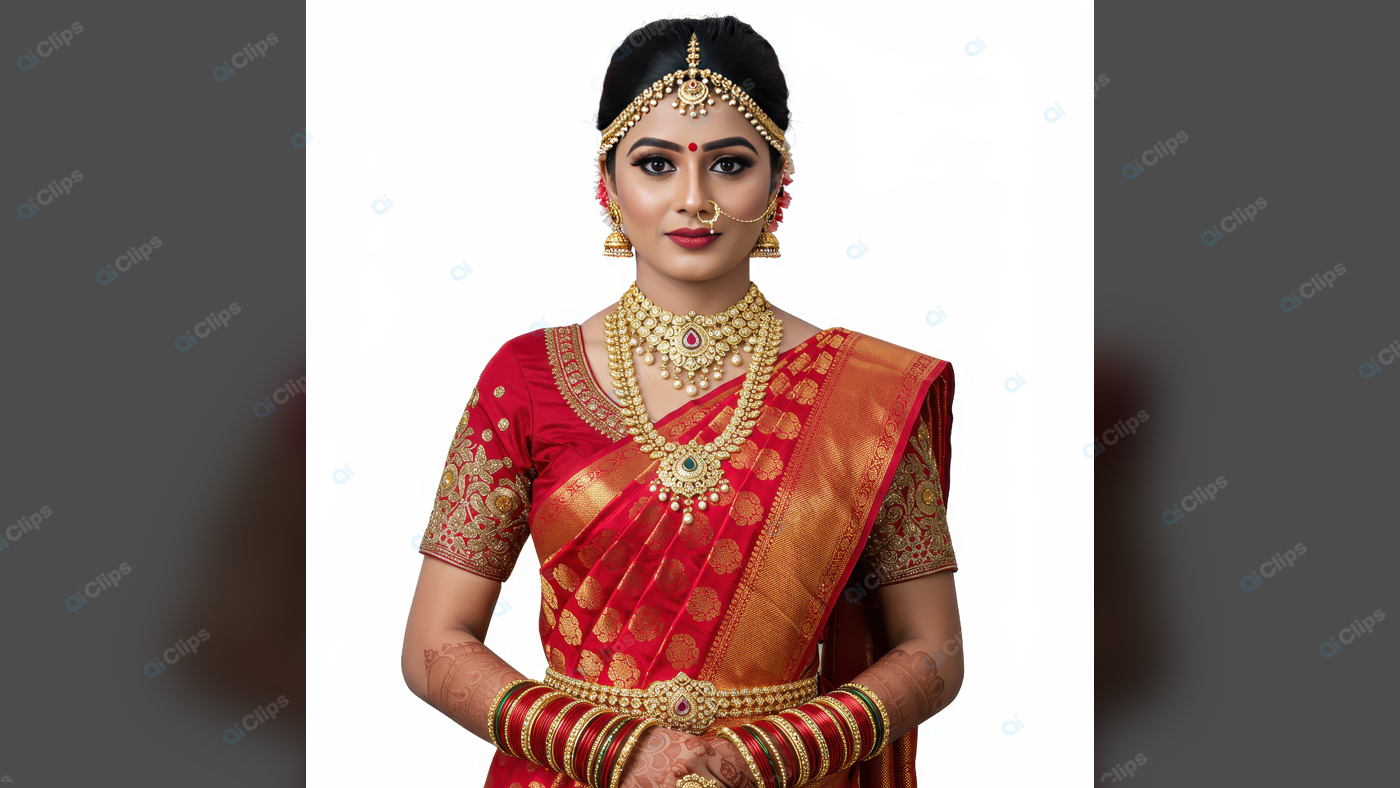 Traditional Indian Bride in Red Sari with Gold Jewelry