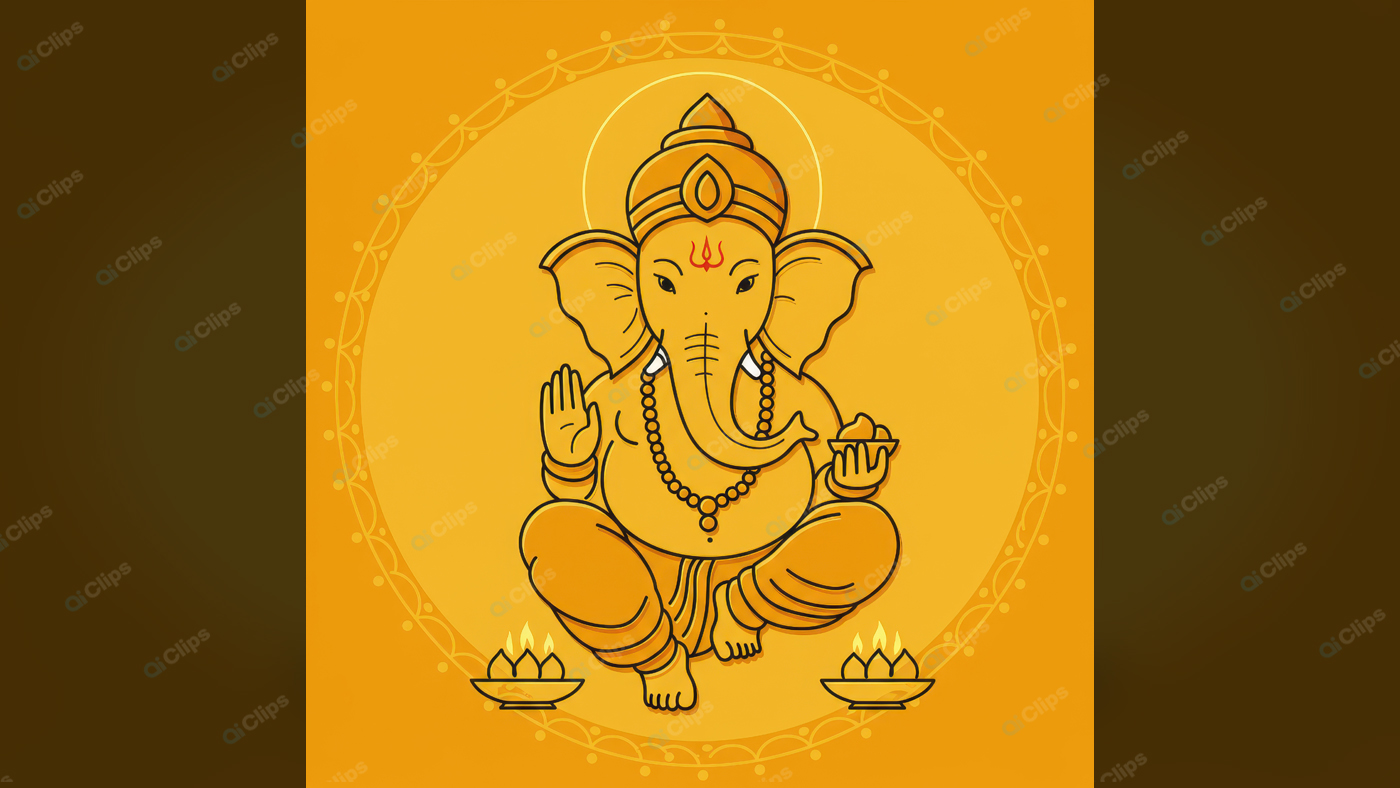 Ganesha Illustration in Traditional Style with Lanterns