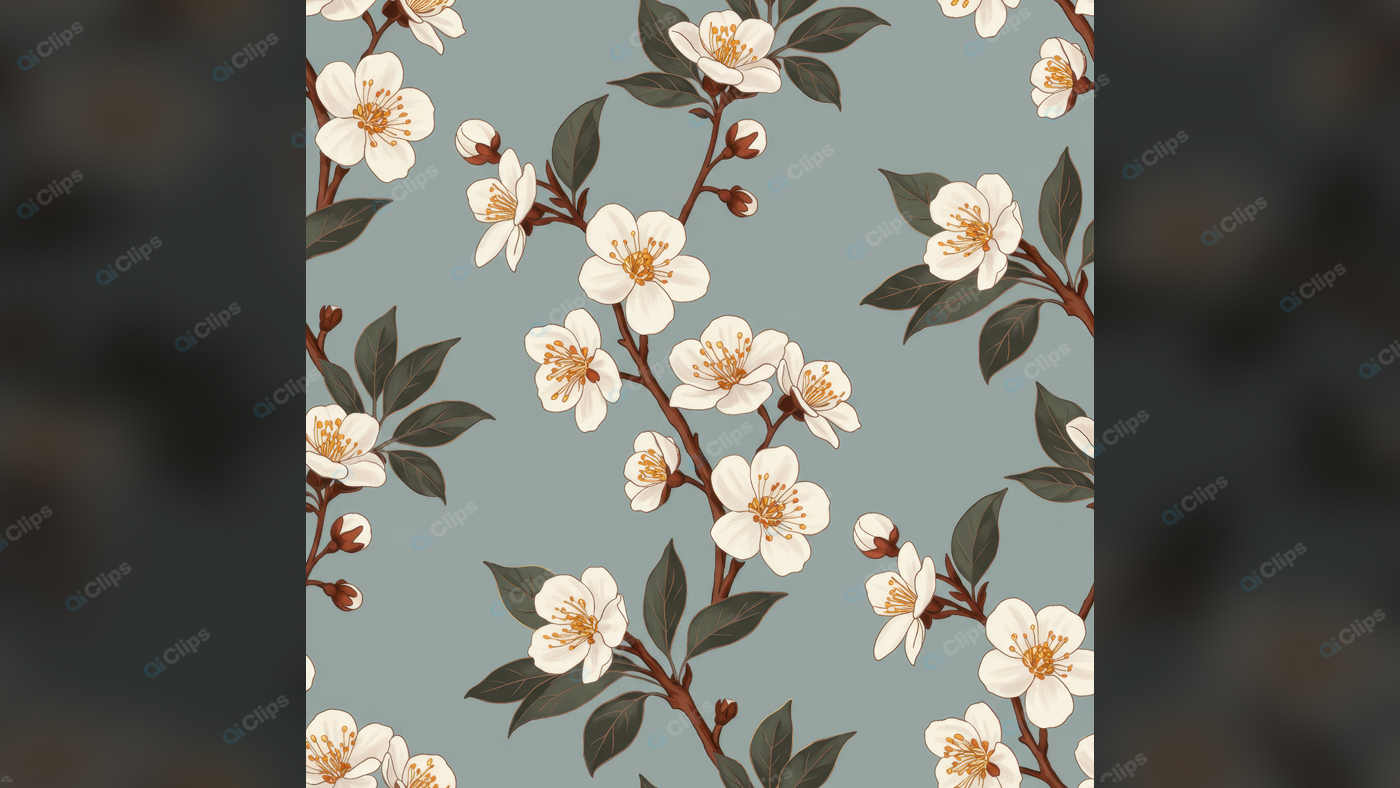 Seamless Floral Pattern with Cherry Blossoms on Blue Background