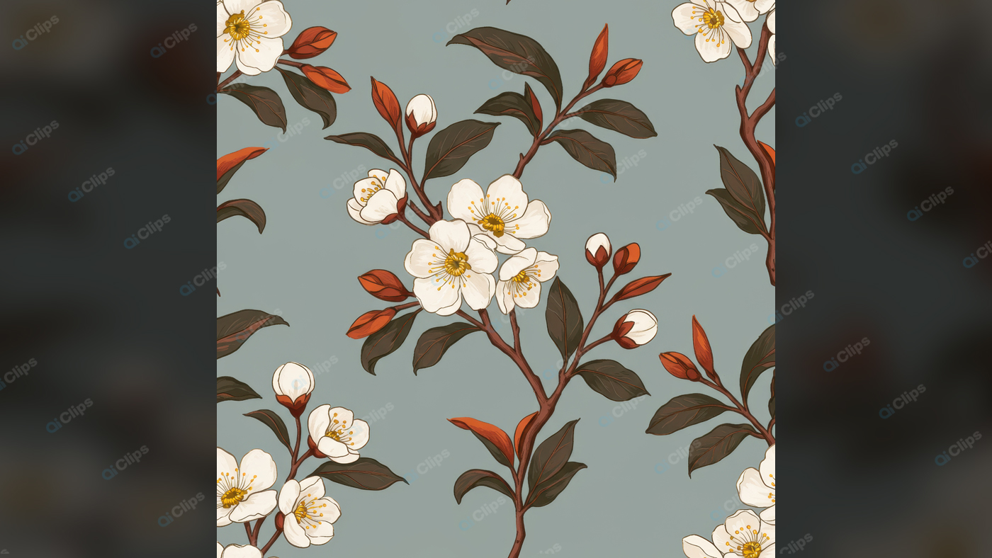 Vintage Floral Pattern with White Blossoms on Blue Background