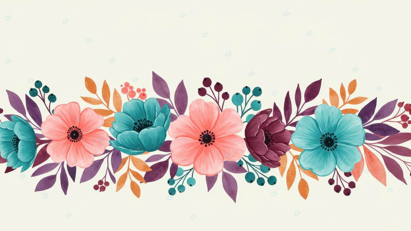 Floral Watercolor Border with Colorful Blooms and Leaves