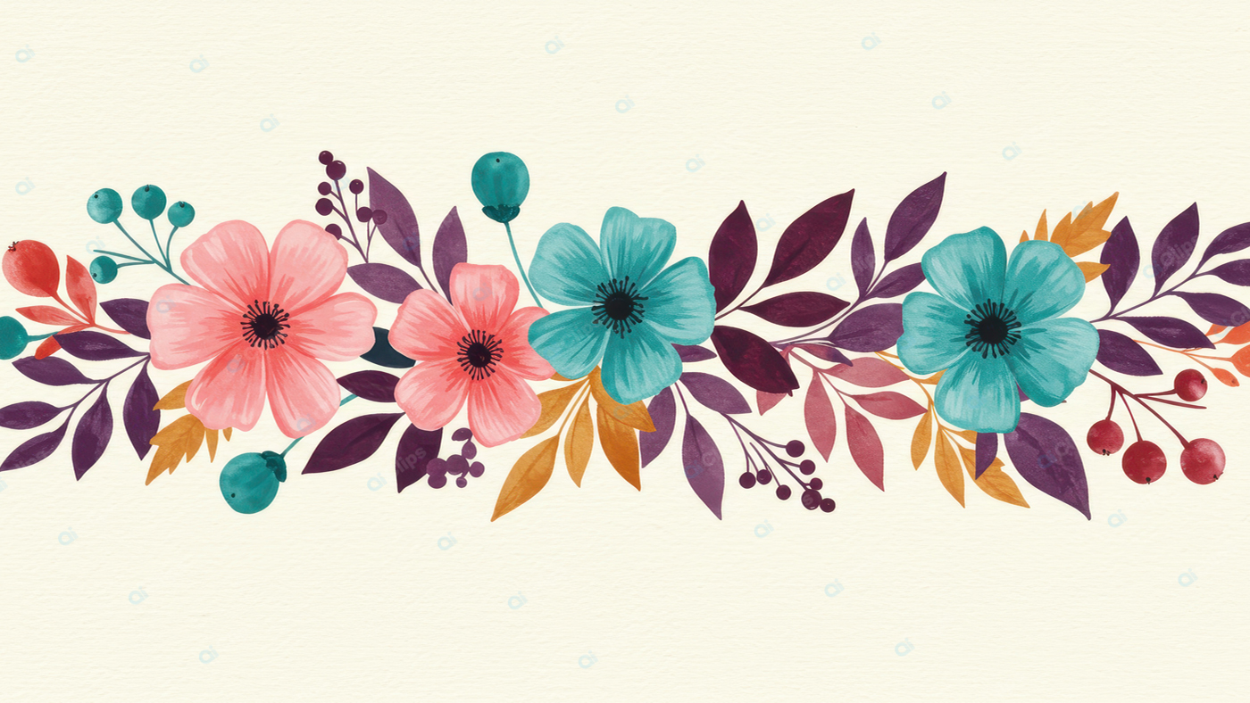 Floral Watercolor Border with Colorful Flowers and Leaves