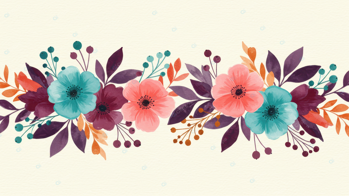 Floral Watercolor Border with Vibrant Flowers and Leaves