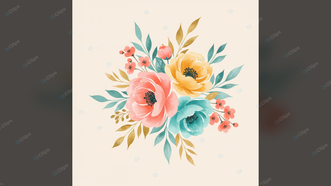 Floral Watercolor Bouquet with Peonies and Leaves