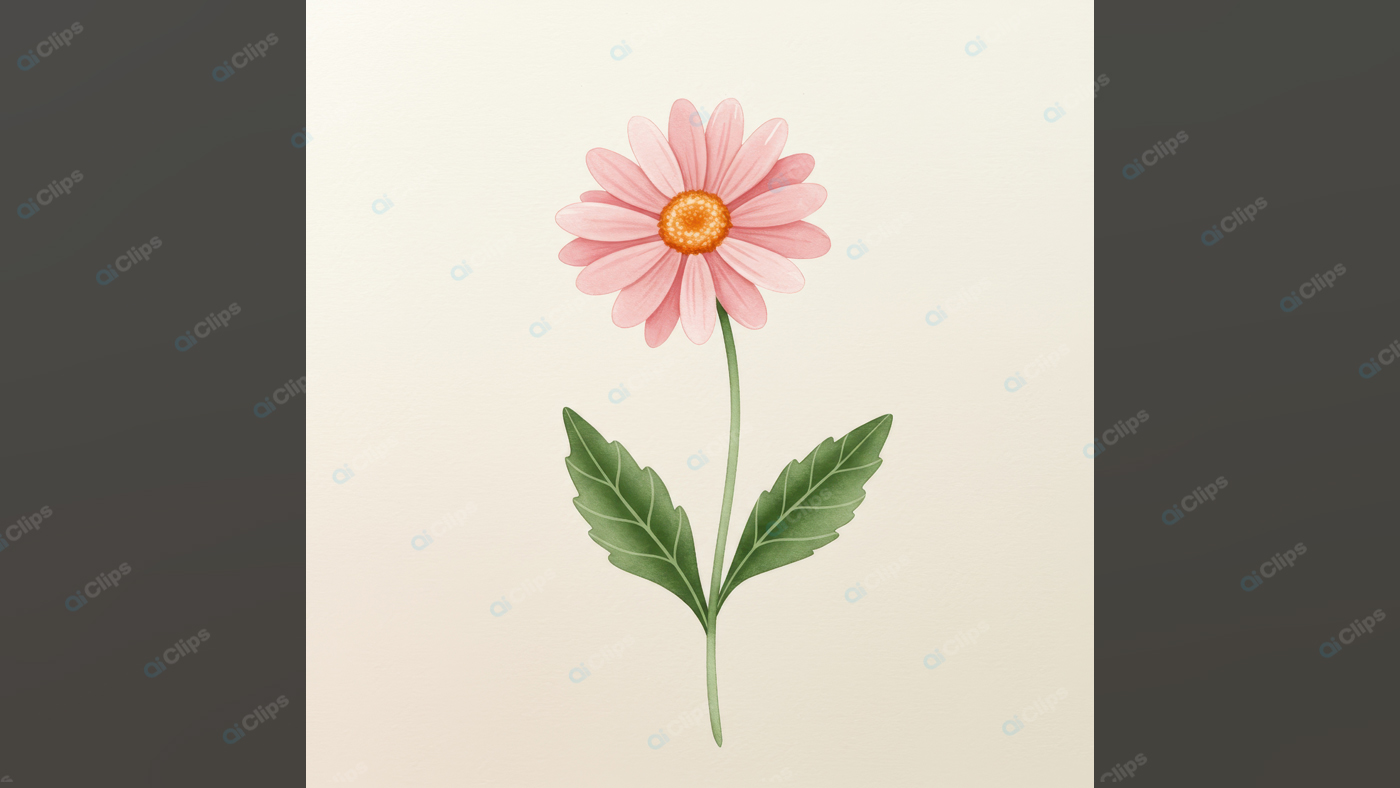 Pink Daisy Illustration with Green Leaves