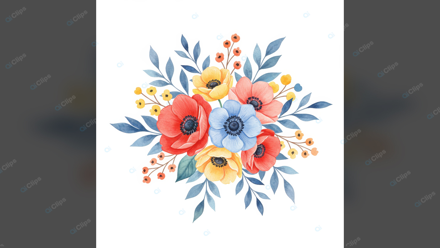 Watercolor Floral Bouquet with Poppies and Leaves