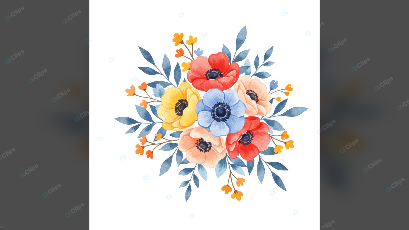 Watercolor Floral Bouquet with Anemones and Leaves Design