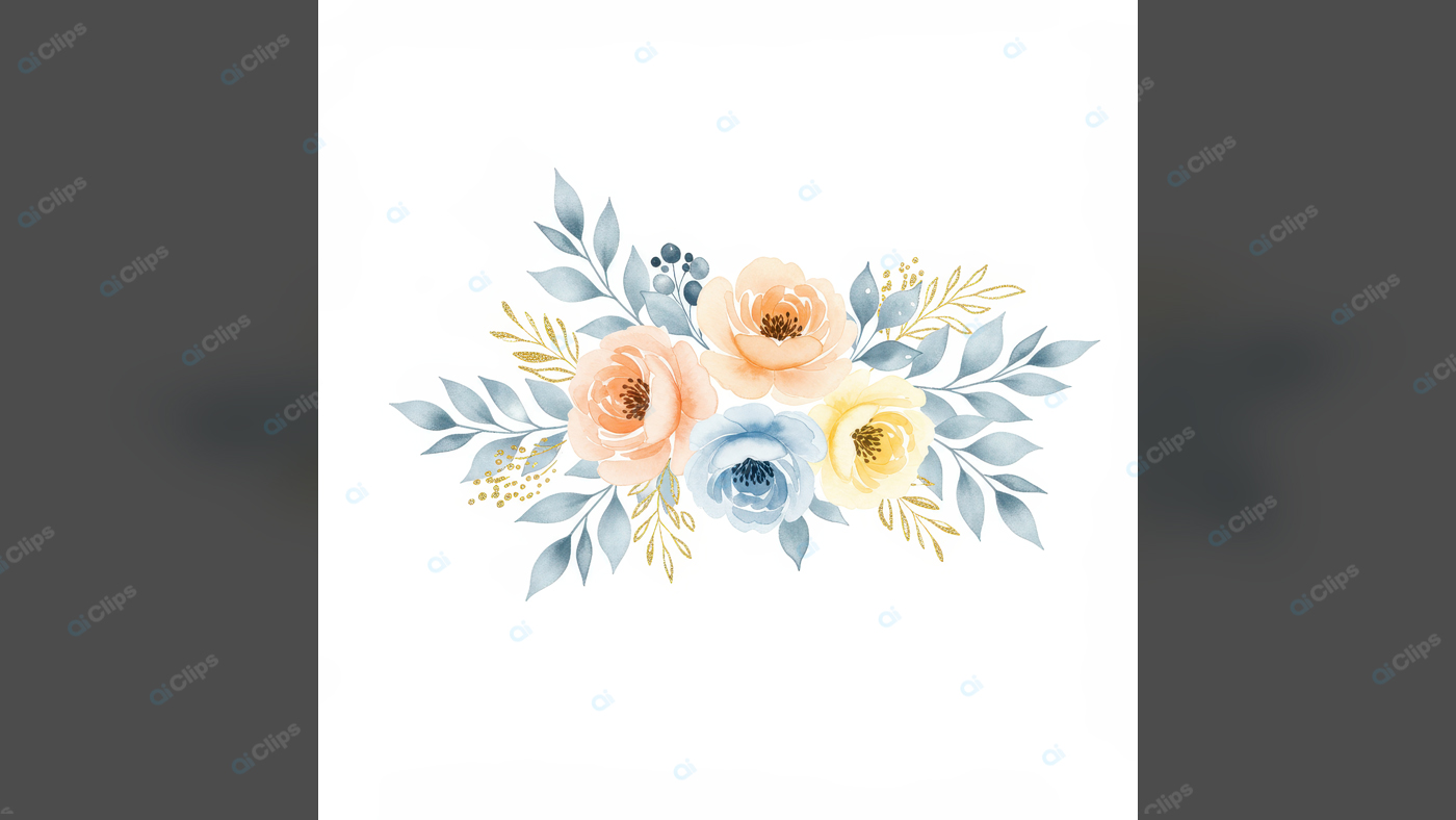 Watercolor Floral Bouquet with Leaves and Pastel Flowers