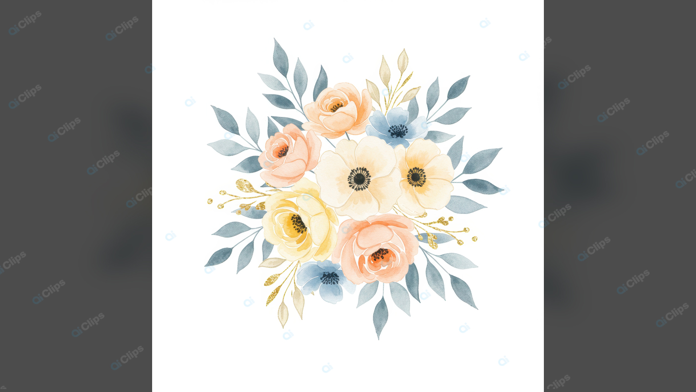 Watercolor Floral Bouquet with Leaves and Anemones