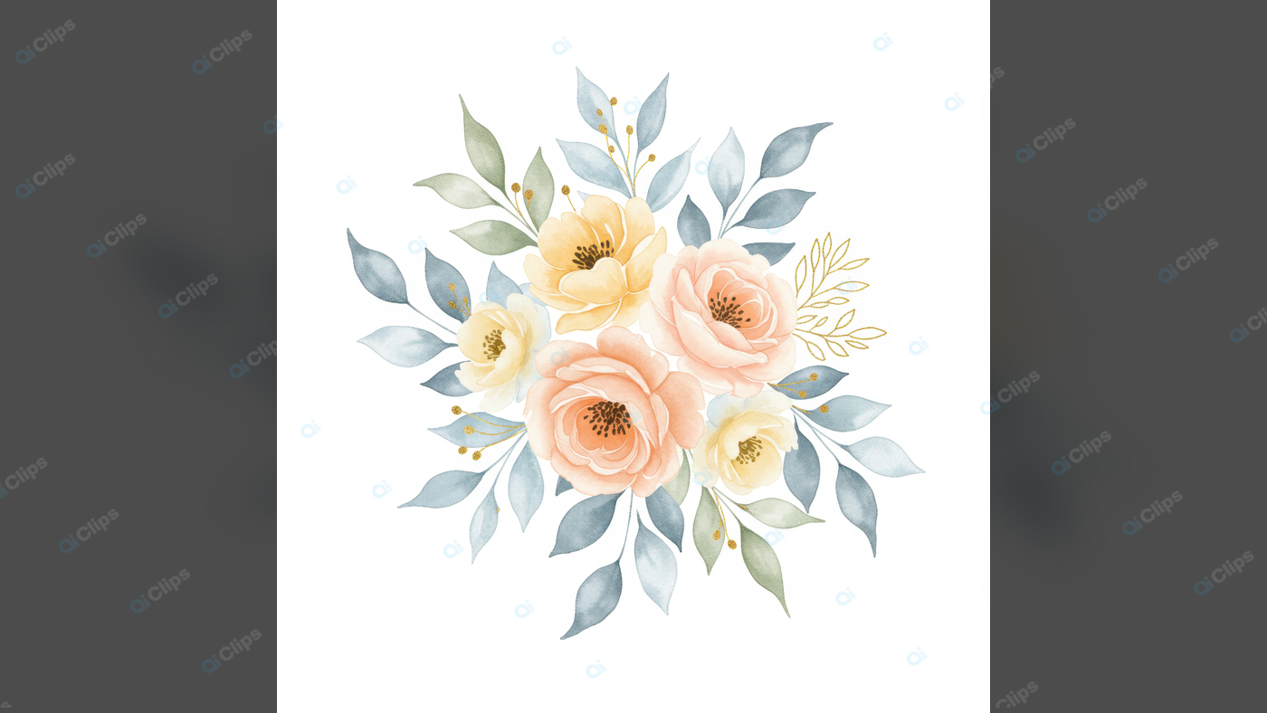 Watercolor Floral Bouquet with Pastel Roses and Leaves