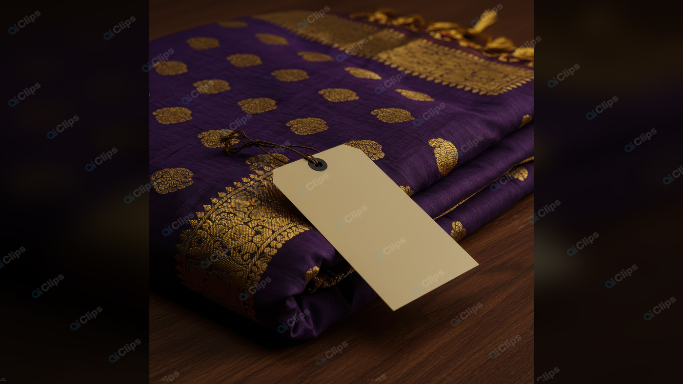 Purple Silk Saree with Gold Embroidery on Wooden Surface