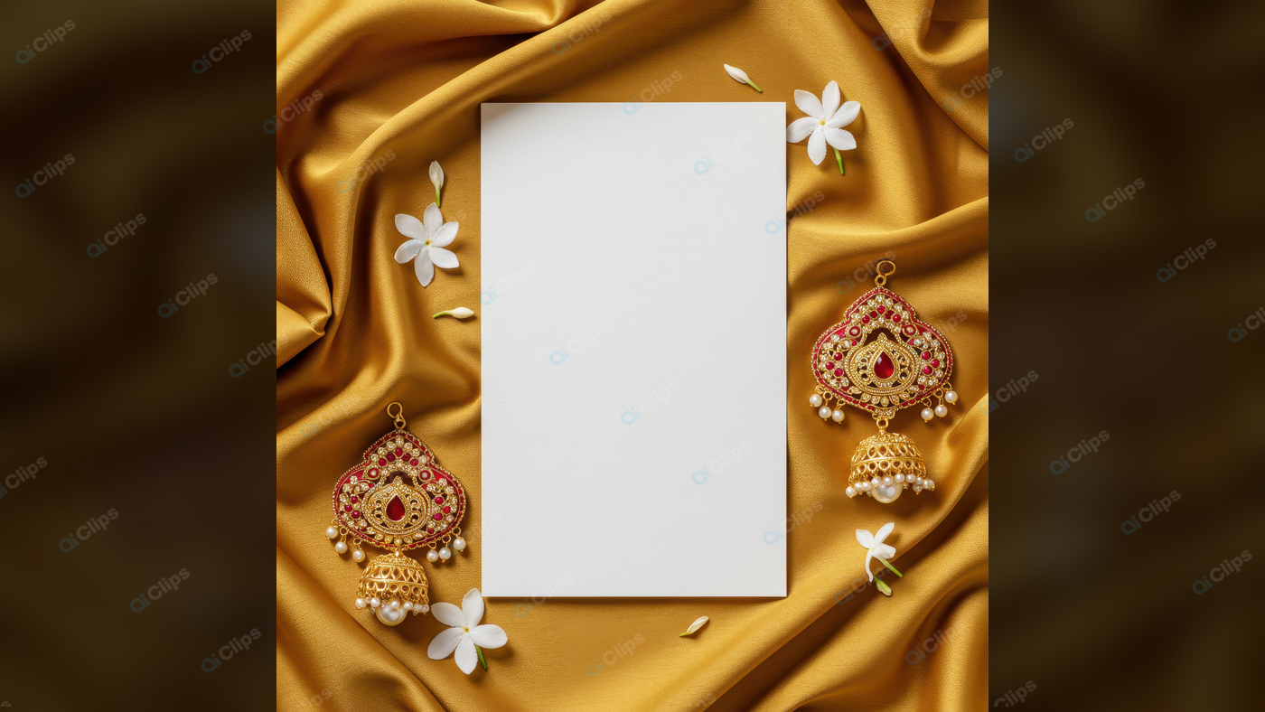 Golden Fabric with Ornate Earrings and Jasmine Flowers