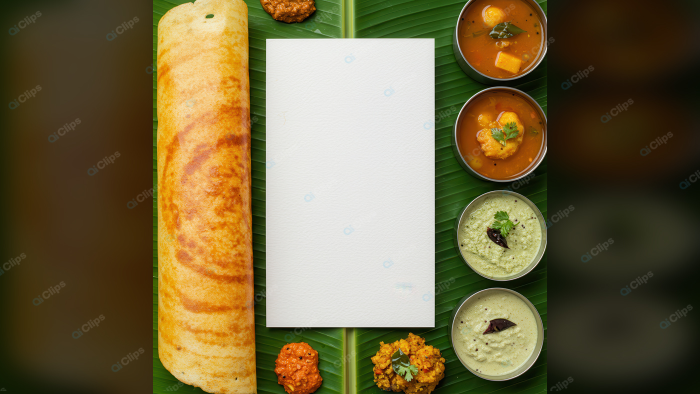 Dosa Platter with Indian Chutneys on Banana Leaf
