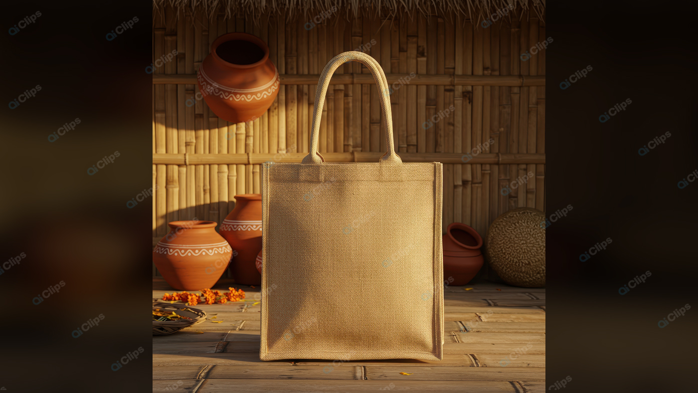 Rustic Jute Bag with Traditional Clay Pots and Bamboo Background