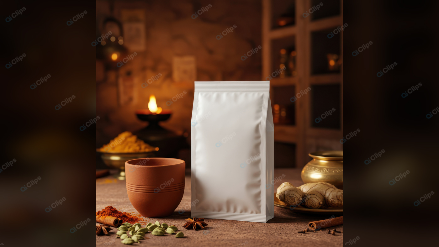 Spice Packaging with Ceramic Cup and Herbs in Rustic Kitchen Setting