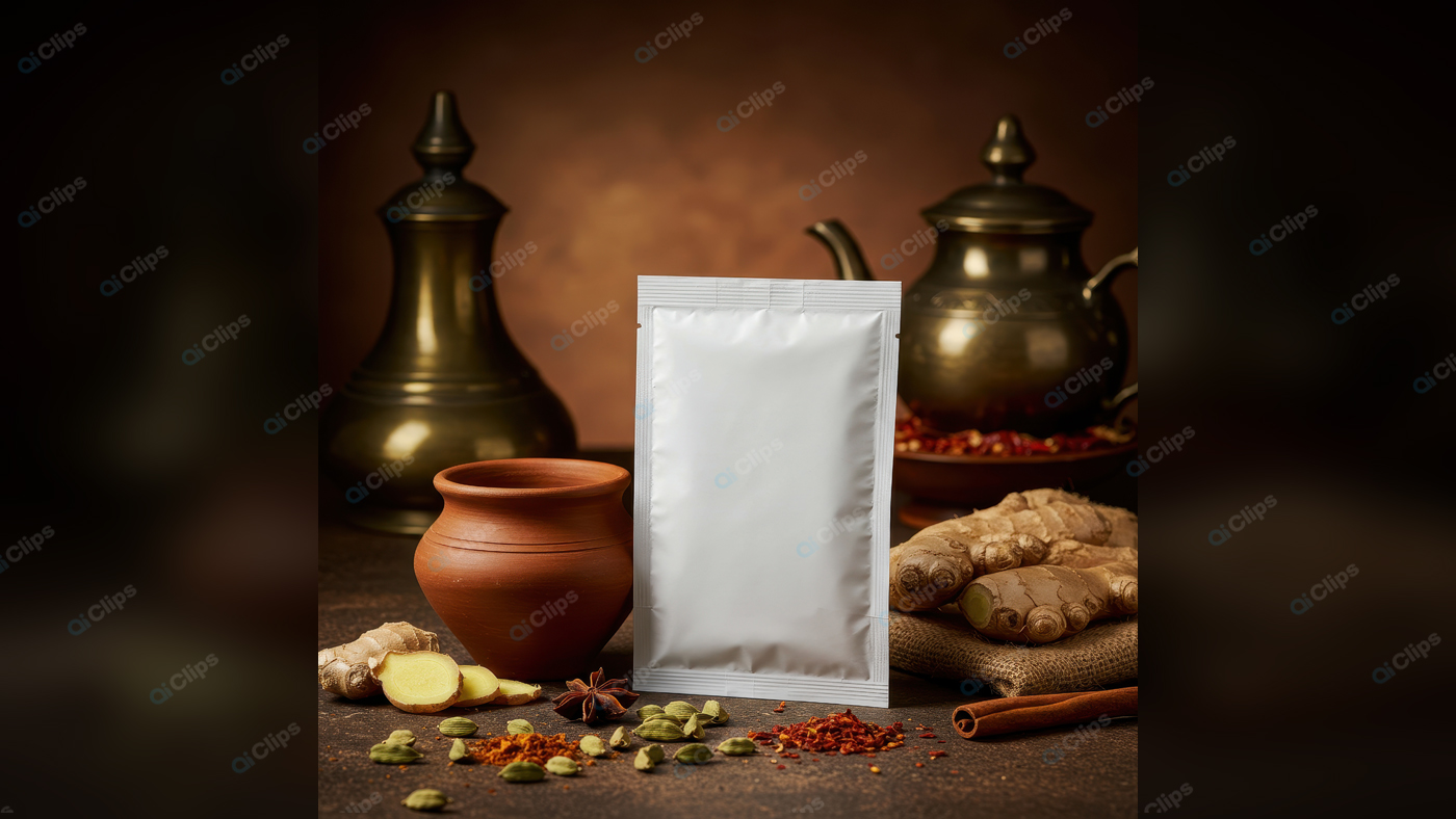 Spice Packaging with Ginger and Herbs on Rustic Table
