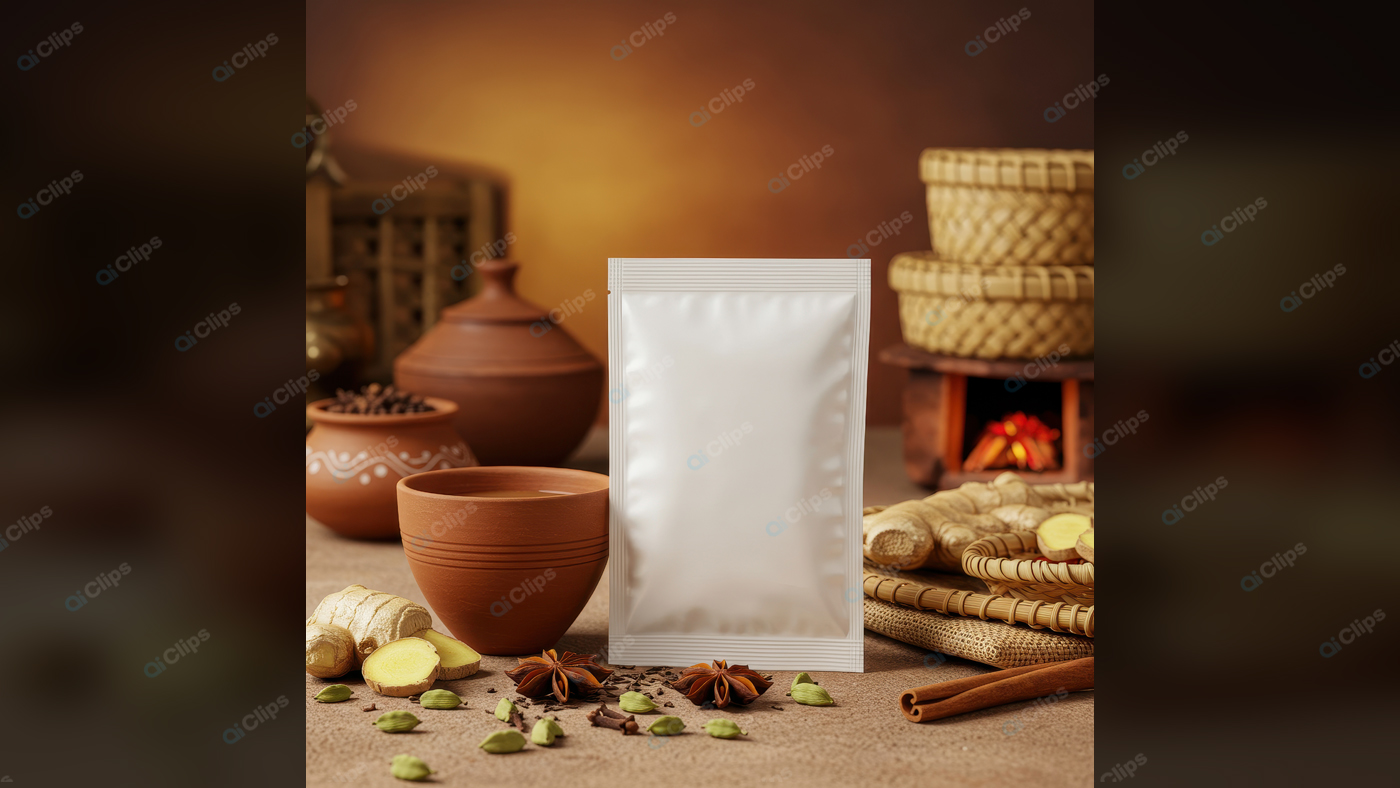 Herbal Tea Ingredients with Blank Packaging Pouch in Rustic Setting