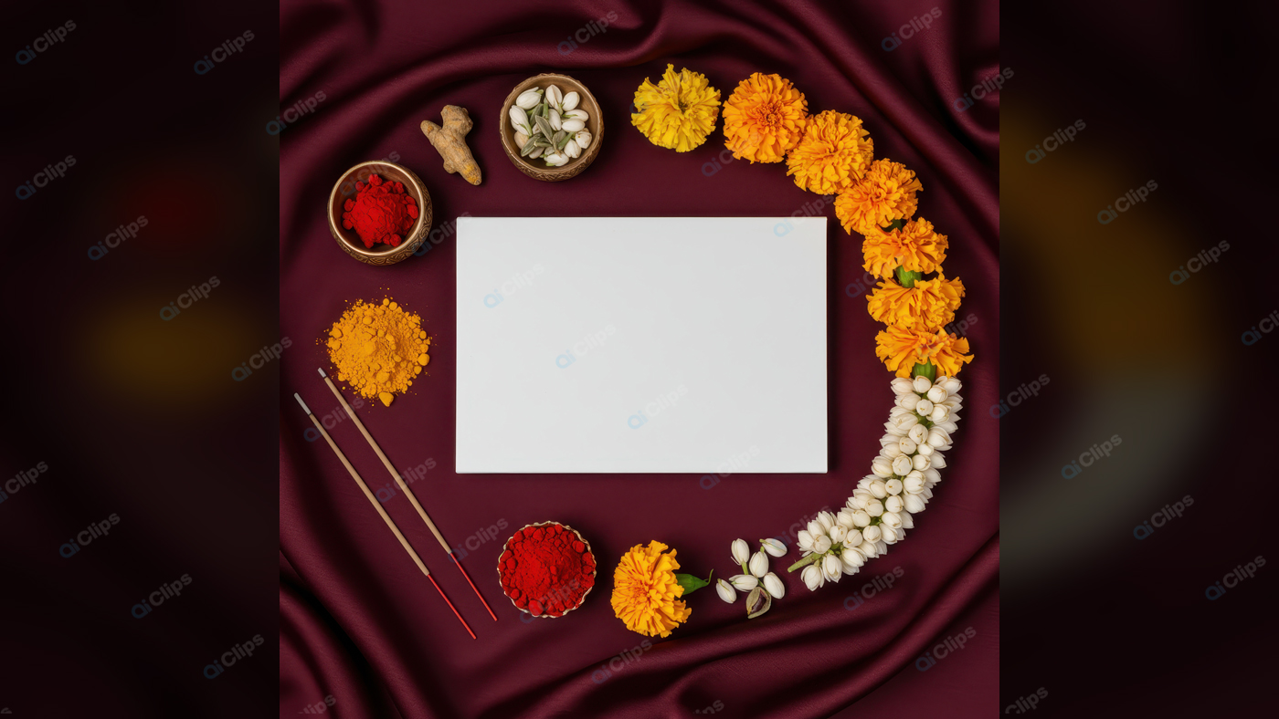 Maroon Fabric with Floral Garland and Incense Sticks