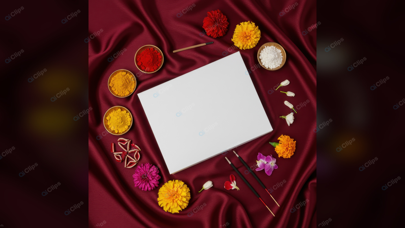 Floral Rangoli with White Canvas on Red Fabric Background
