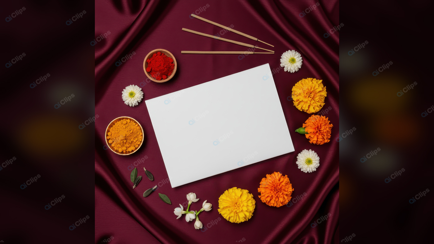 Marigolds and Incense with Blank Card on Silk Background